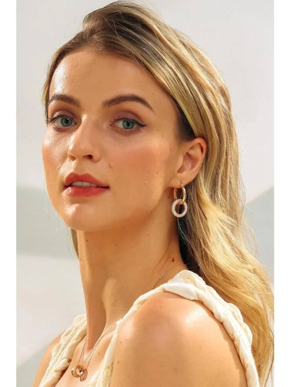 Chunky Double Hoop Drop Earrings | Removable Pave Crystal Interlocking Loops